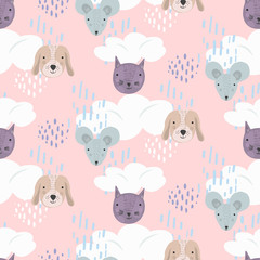 Obraz premium Cute cartoon seamless pattern with gray mice, brown dogs and purple cats heads on pink sky with clouds and dots. Funny texture with pets for kids design, wallpaper, textile, wrapping paper, background