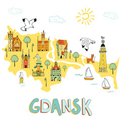 Fototapeta premium Hand drawn illustrated map of Gdansk.