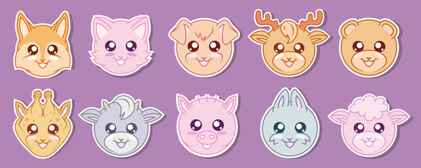 Obraz premium Vector Set Of Cute kawaii animals. Kawaii faces. Cartoon Animals. Kawaii rabbit. Kawaii eyes. Vector graphics to design