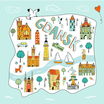 Hand drawn illustrated map of Gdansk.
