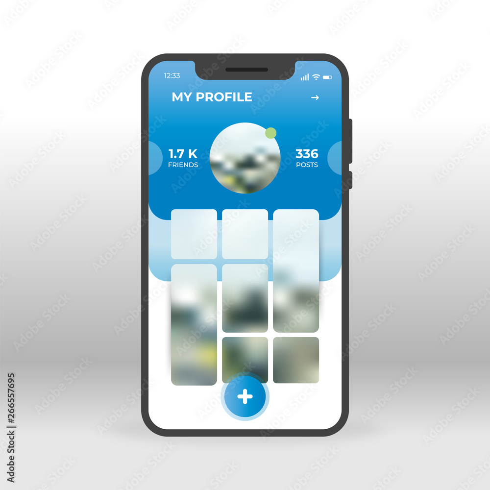 Aufkleber blue social network profile page ui, ux, gui screen for mobile apps design. modern responsive user i