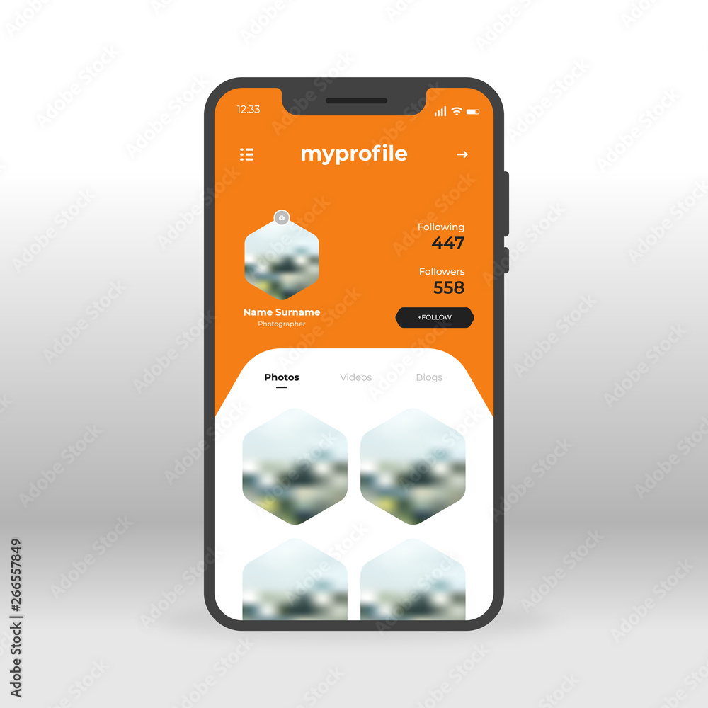 Aufkleber orange social network profile ui, ux, gui screen for mobile apps design. modern responsive user inte