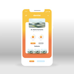 Orange and yellow gradient background. Dentist Profile UI, UX, GUI screen for mobile apps design. Modern responsive user interface design of mobile applications including Dentist Profile screen