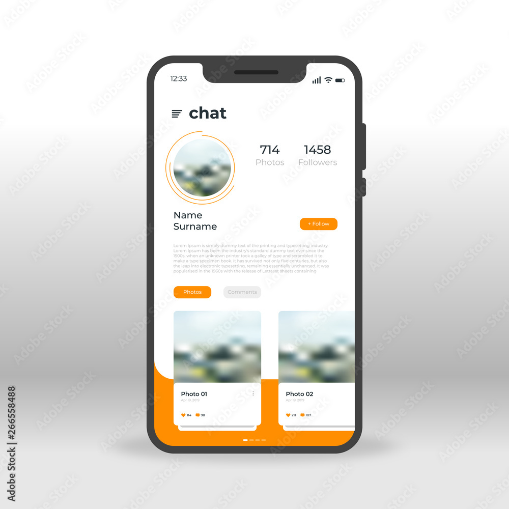 Poster orange chat ui, ux, gui screen for mobile apps design. modern responsive user interface design of mo