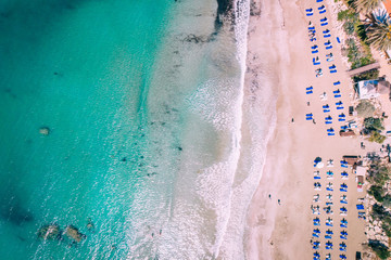 Fototapeta na wymiar Aerial beautiful beach with crystal clear water, Coral Bay, Cyprus