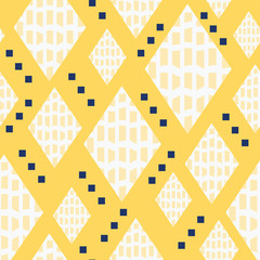 Geometric diamond shape seamless pattern with textured fill and randomly placed tiny squares. Vector repeating tile, yellow, white, navy blue. Fashion, gift wrapping paper, textiles and home decor.