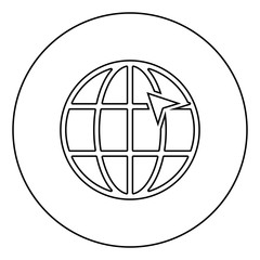 Arrow on earth grid Globe internernet concept Click arrow on website Idea using website icon in circle round outline black color vector illustration flat style image