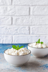 Cottage cheese with mint leaves on a light background in white bowl