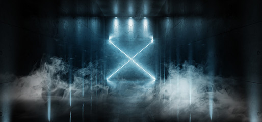 Smoke Sci Fi Futuristic Laser Hall Neon Tunnel Path Track Gate Entrance Spotlights Glowing Blue Vibrant Colors X Shaped Gallery Dark Underground Grunge Concrete 3D Rendering