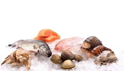 Seafood Laid Out on Bed of Ice at a Fish Market or Fishmongers