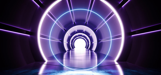 Circle Sci-Fi Futuristic Round Cylinder Shaped Corridor With Led Blue And White Lights Glowing With Reflection Blue Material And White End Spaceship Interior Technology Concept 3D Rendering
