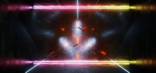 Triangle Sci Fi Neon Glowing Alien Spaceship Dark Reflective Glossy Vibrant Orange Blue Rainbow Room Hall Corridor Stage Tunnel Gallery Shine Futuristic Virtual 3D Rendering