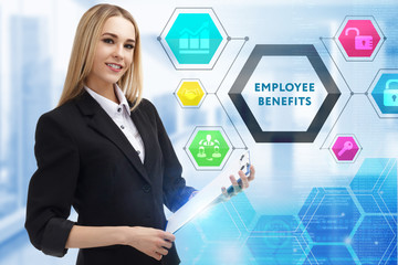 The concept of business, technology, the Internet and the network. A young entrepreneur working on a virtual screen of the future and sees the inscription: Employee benefits