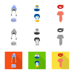 Fototapeta premium Vector illustration of clothes and texture sign. Set of clothes and weather stock vector illustration.