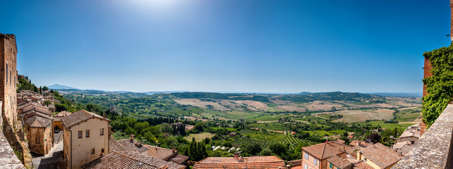Panorama of the vineyard hills of Val d'Orcia from the medieval town of Pienza in Tuscany, Italy....