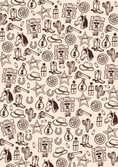 Wild West and Cowboy banner. Rodeo Show. Hand draw doodle background. Vector Illustration.