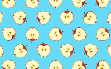 fruit pattern of fresh apple halves on blue background. from top view. vector