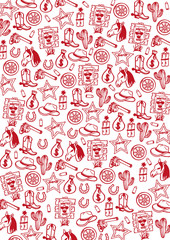 Wild West and Cowboy banner. Rodeo Show. Hand draw doodle background. Vector Illustration.