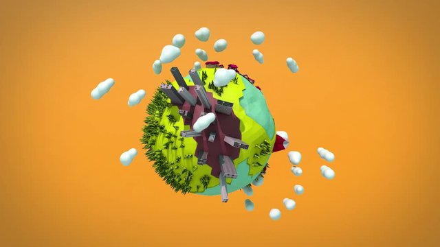 planet low poly. green planet on orange background. planet with clouds and houses