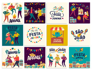 Brazilian Traditional Celebration Festa Junina. Portuguese Brazilian Text saying Friend s Village. Festa de Sao Joao. Arraia Portuguese Brazilian Text saying Fair. Vector Art.