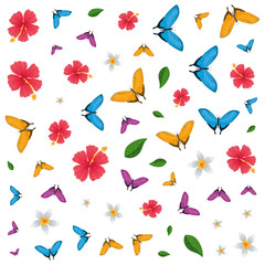 group of beautiful butterflies flying and flowers pattern