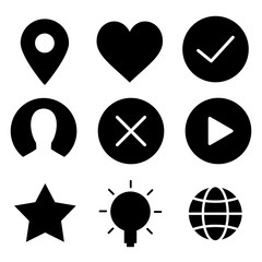 set of vector icons. Location, heart, check, man, cancel, play, star, lamp, worldwide