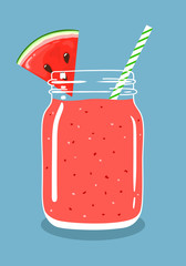 Watermelon juice smoothie in mason jar with slice of fresh watermelon and swirled straw isolated on background. Fresh natural healthy fruit and berry drink. Vector hand drawn illustration eps10. - 266566470