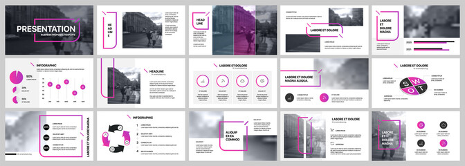Presentation template. Purple elements for slide presentations on a white background. Use also as a flyer, brochure, corporate report, marketing, advertising, annual report, banner. - obrazy, fototapety, plakaty