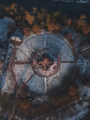Top down view of the orthodox church with the trees around it. Drone photography
