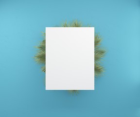 A blank sheet on the background of palm leaves and blue walls.3D rendering.
