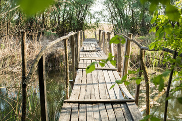 old dilapidated wooden plank bridge across river