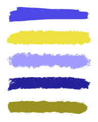 Brush stroke set. Vector grunge modern textured spots. Colorful blue, yellow, green dry brush isolated on white background. Hand drawn template. Perfect elements for your design