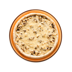 Chicken tart with mushrooms and cheese isolated on white background with clipping path