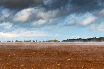 Fototapeta na wymiar Steam on fresh field in spring after rain.