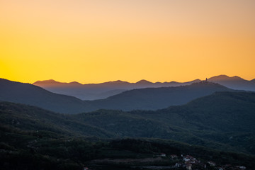 View from Brda to sunrise over church on Sveta Gora