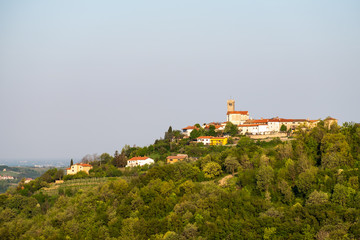 Fototapeta na wymiar Village Šmartno on morning in wine region Brda in Slovenia