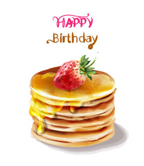 Happy birthday cake Vector watercolor. Juicy filling and fruits toppings