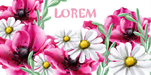 Spring flowers frame card Vector watercolor. Wedding invitation. Summer fest background. Vintage romantic decors