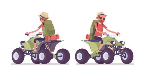 Hiking man riding atv quad bike. Male tourist with backpacking gear, wearing clothes for outdoor walks, sporting or leisure activity. Vector flat style cartoon illustration isolated, white background