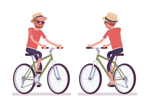 Hiking man riding a bike. Male cyclist tourist wearing clothes for long outdoor walks, sporting or leisure activity across country. Vector flat style cartoon illustration isolated, white background