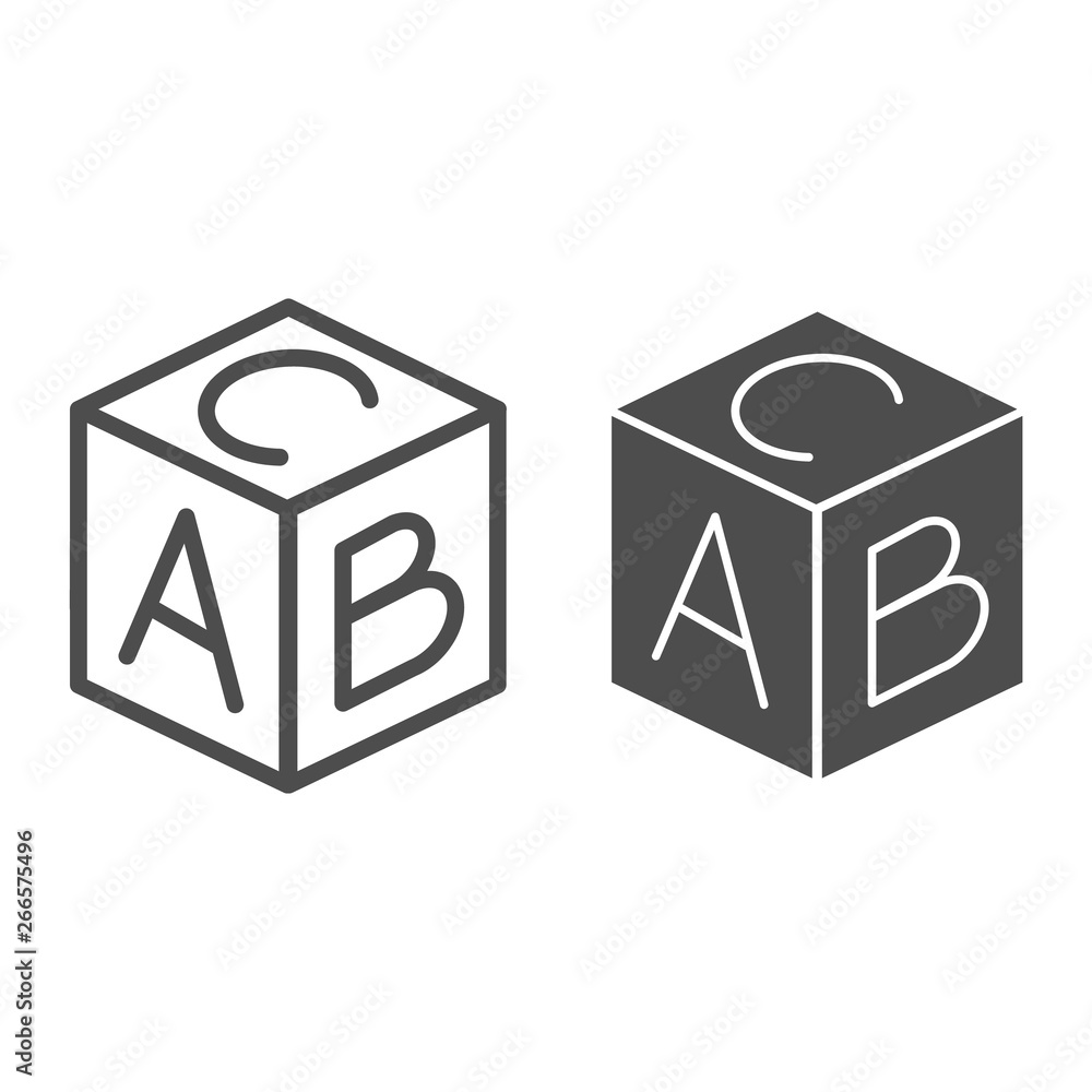 Poster educational block line and glyph icon. toy cube vector illustration isolated on white. kids alphabet