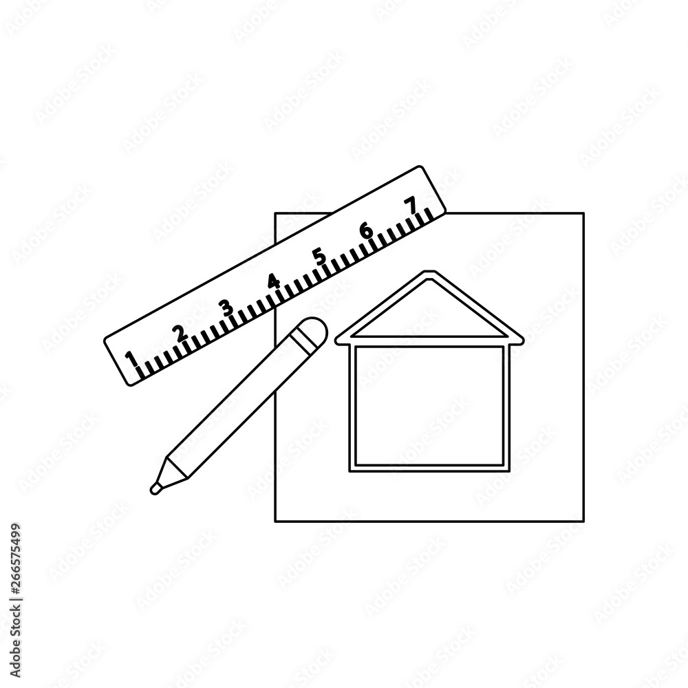 Poster color house drawing and ruler icon. element of construction tools for mobile concept and web apps ic