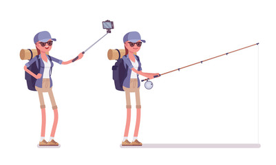 Hiking woman selfie, fishing. Female tourist with backpacking gear, wearing clothes for outdoor walks, sporting or leisure activity. Vector flat style cartoon illustration isolated, white background