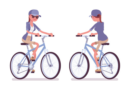 Hiking woman riding bike. Female cyclist tourist wearing clothes for long outdoor walks, sporting or leisure activity across country. Vector flat style cartoon illustration isolated, white background