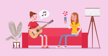 Roommate friends streaming. Happy young girls record playing guitar, singing, listening to music, watching in real time, show and enjoy internet videos and webcasts of live events. Vector illustration