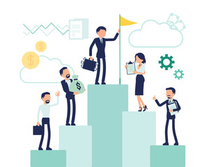 Top of career symbol. Business people progress to reach high position, managers in accomplishment of an aim or purpose, corporate motivation. Vector abstract illustration with faceless character