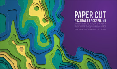 Colorful paper cutout. Paper cut banner concept. Paper carve blue gradient for card poster brochure flyer design in blue colors. 3d abstract background