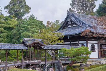 Kyoto, Japan - November 9, 2016: Beautiful historic hall at front gate of Kōdaiji temple. A Serene setting with a buddhist temple with seasonal light festivals in Kyoto, Japan.