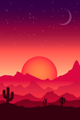 Landscape illustration desert in reddish tones. Sunset desert landscape. Ready to use in decorations, painting and wallpapers.