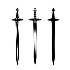 antique knight swords - detailed blades black and white vector outline and silhouette set